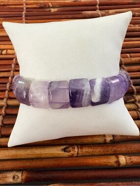 Purple Amethyst Semi Precious Stone Rectangular Bead Stretch Bracelet